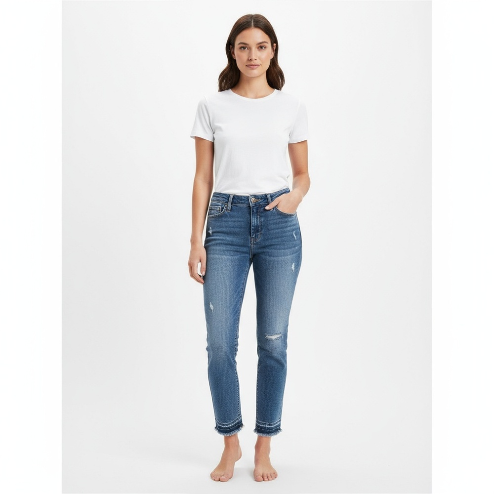 Lucky Brand Hayden Crop Blue Raw Hem Distressed Straight Jeans Size 6